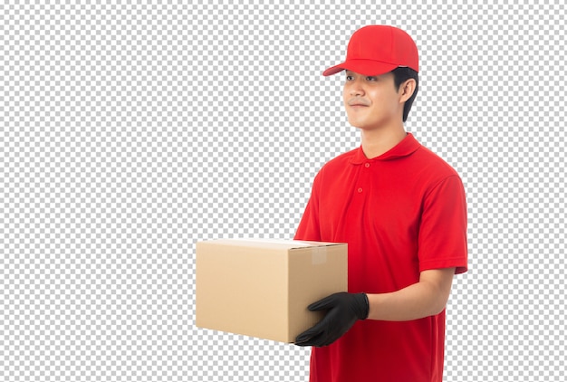 Young delivery man holding paper cardboard box mockup