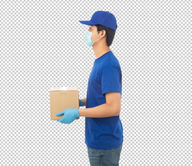 young delivery man holding paper cardboard box mockup