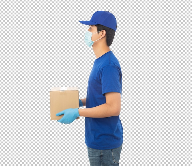 Young delivery man holding paper cardboard box mockup