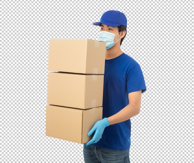 PSD young delivery man holding paper cardboard box mockup