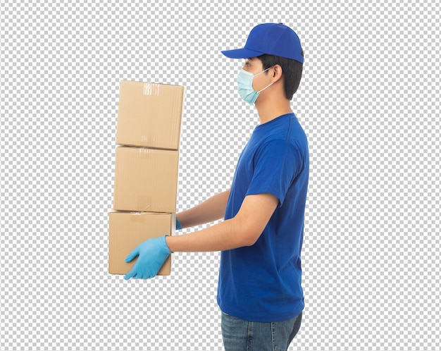 Young Delivery man holding paper cardboard box mockup