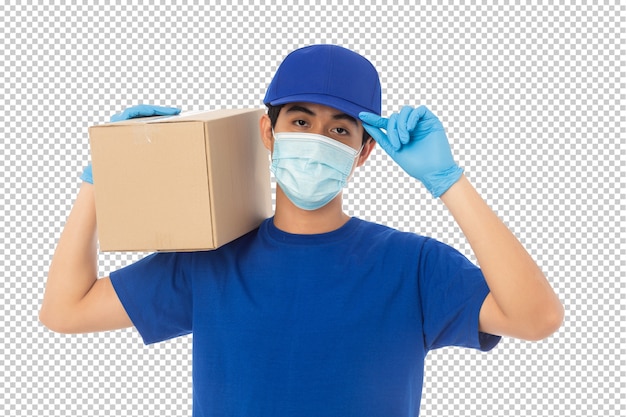 PSD young delivery man holding paper cardboard box mockup