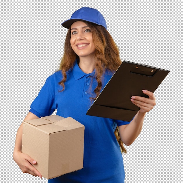 young delivery woman with curly hair wearing blue polo shirt and cap standing with cardboard box and clipboard smiling friendly over isolated green background
