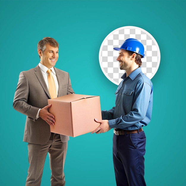 PSD young deliveryman with box