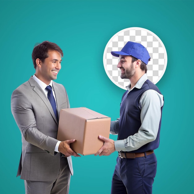 PSD young deliveryman with box