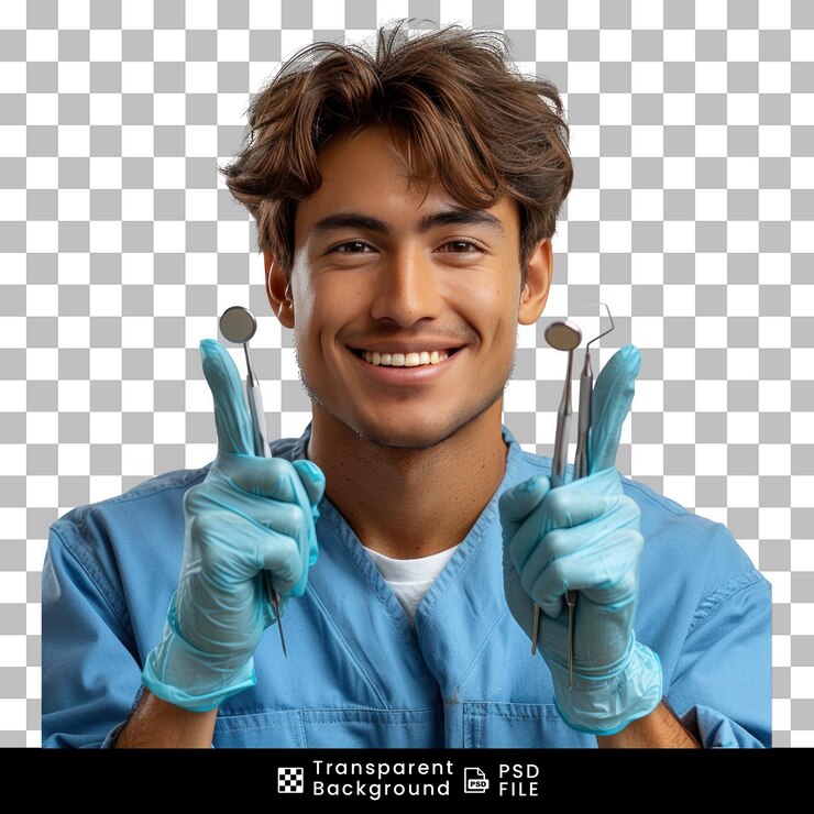 PSD young doctor hold equipments on transparent background