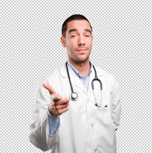 PSD young doctor pointing with his hand