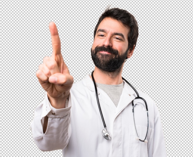 PSD young doctor touching on transparent screen