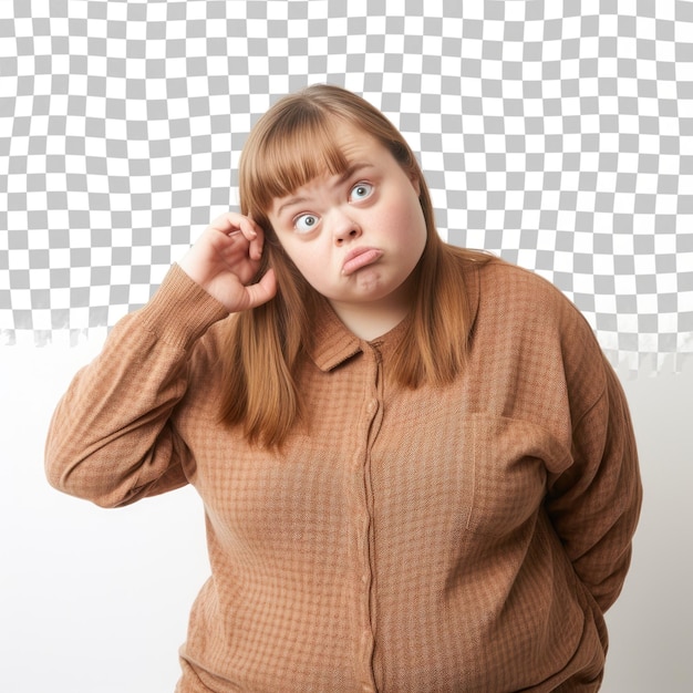 PSD young down syndrome woman standing over isolated background confuse and wonder about question uncer