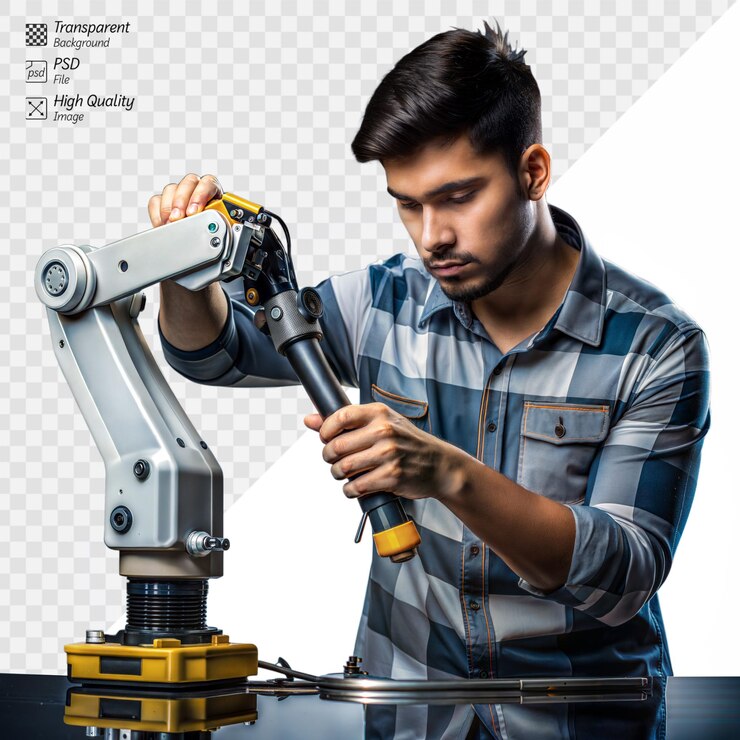 PSD young engineer adjusting a robotic arm in modern lab