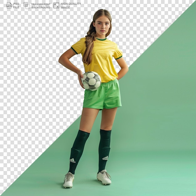 PSD young female football player with football on transparent background