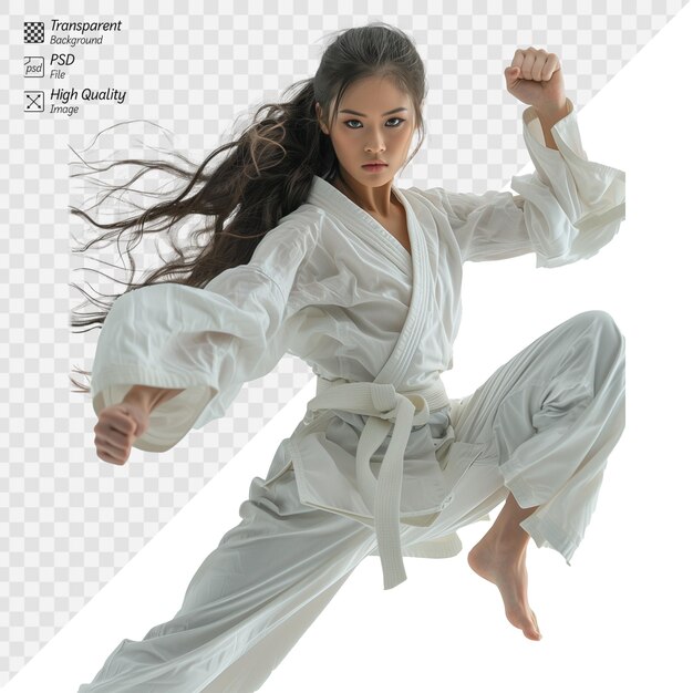 PSD young female martial artist performing karate on transparent background