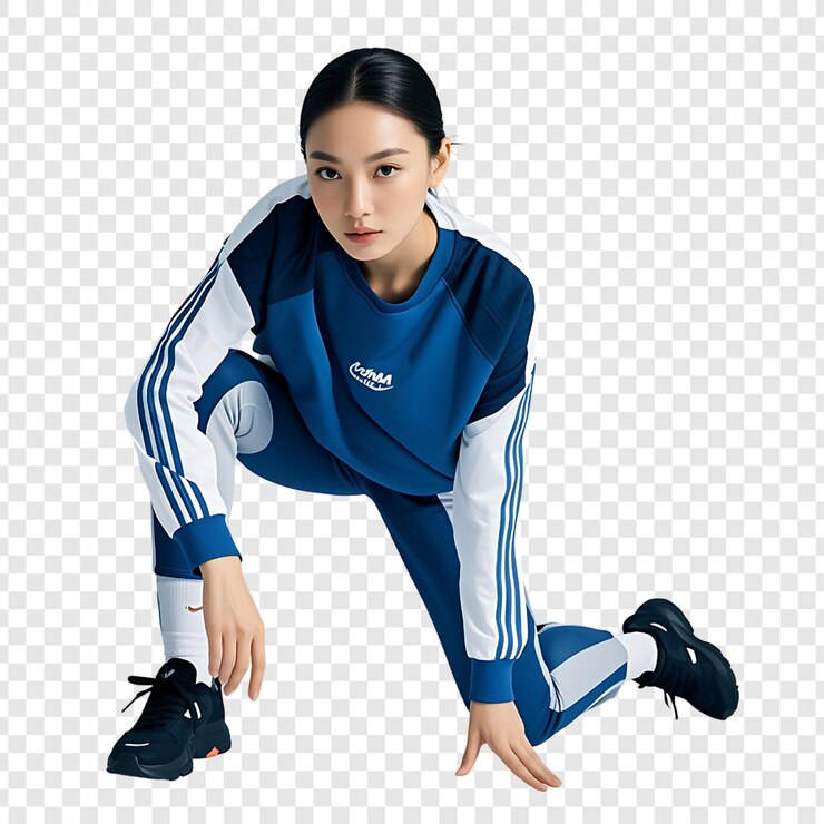 PSD スポーツウェアを着た若いフィットネス女性が透明な背景で隔離されています