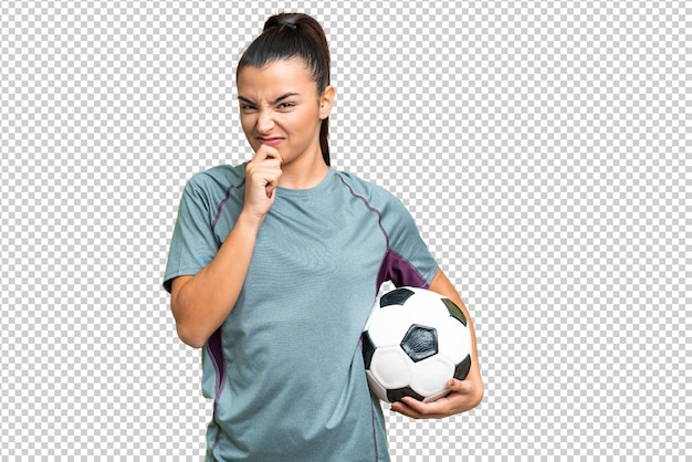 young football player woman over isolated chroma key background having doubts and thinking