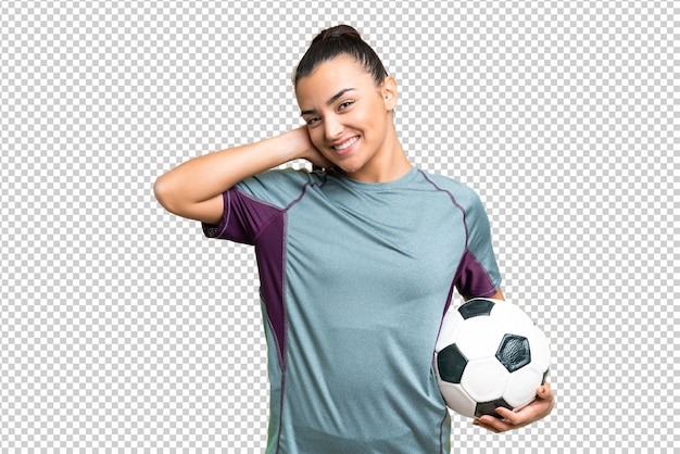 若いサッカー選手孤立したクロマキーを背にして笑う女性