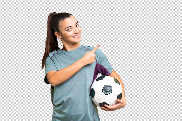 若いサッカー選手隔離されたクロマキーを越えた女性後ろを指している背景