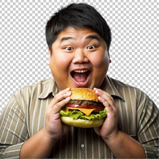 PSD young funny fat asian man with hamburger