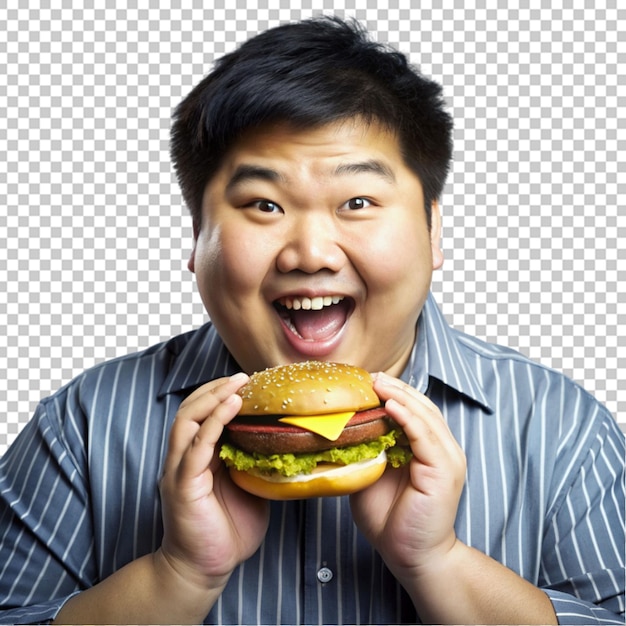 PSD ハンバーガーを持った若いおもしろい太ったアジア人