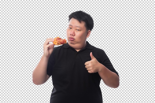 Giovane uomo asiatico grasso e divertente con un file psd di pizza