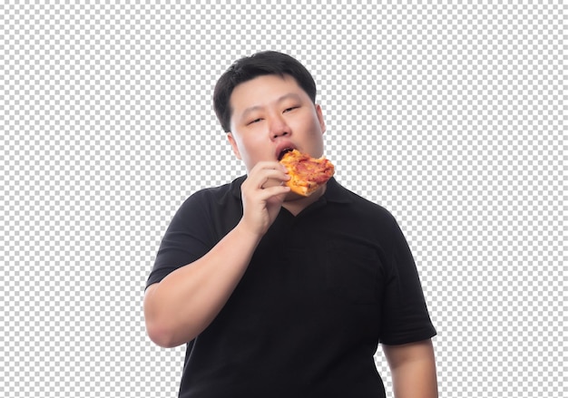ピザのpsdファイルを持った若いおもしろい太ったアジア人