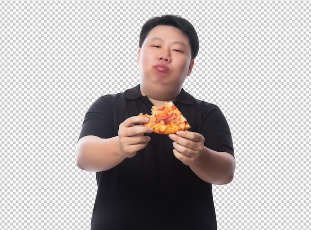 PSD young funny fat asian man with pizza psd file