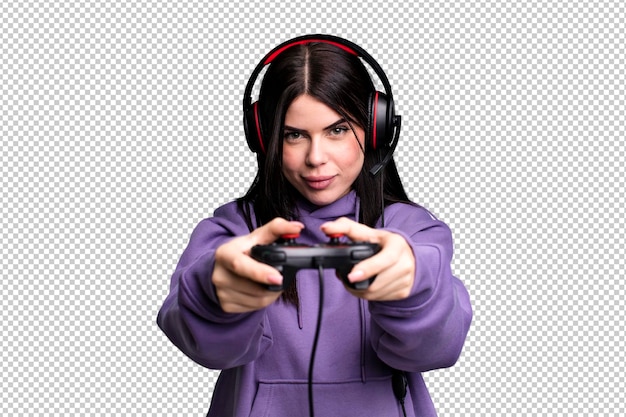 Young gamer woman with a headset and a contoller