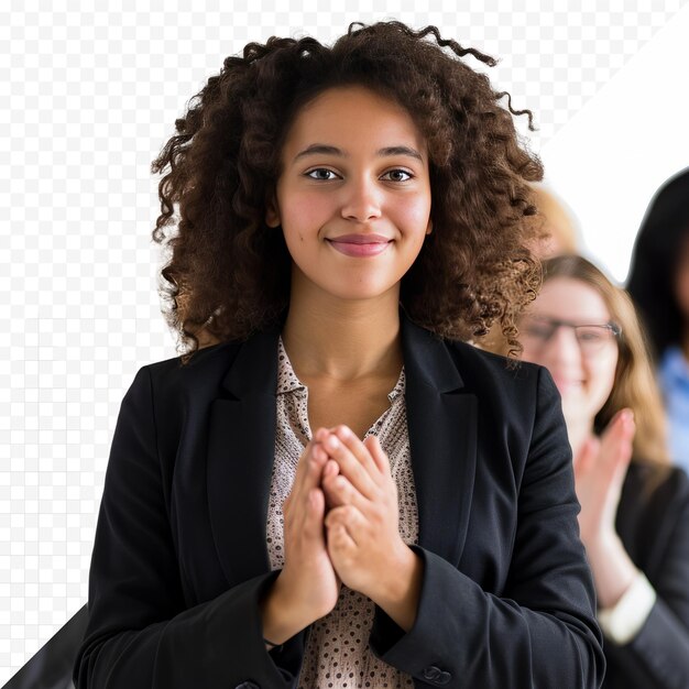 Young girl over applauding after presentation in a conference