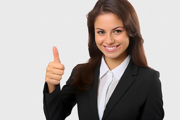 PSD young girl in black suit shows thumbs up which symbolizes approval or success without background