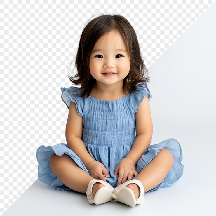 PSD 파란 드레스를 입은 어린 소녀가 발을 들고 바닥에 앉아 있습니다.
