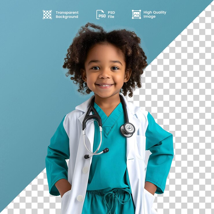 PSD a young girl in a blue scrubs uniform stands in front of a blue background with a stethoscope