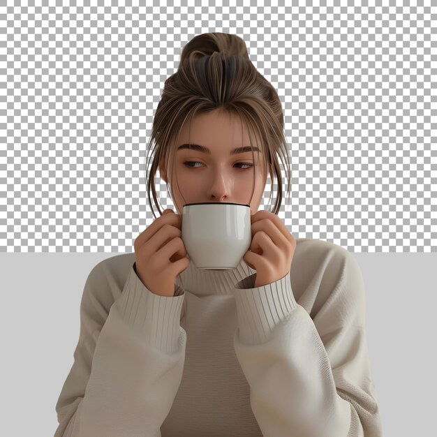 PSD young girl drinking coffee on transparent background ai generated