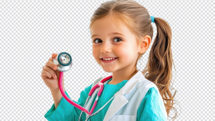 PSD a young girl emulating a doctor by holding a stethoscope perfect for healthcare education children39s aspirations or medicalthemed projects