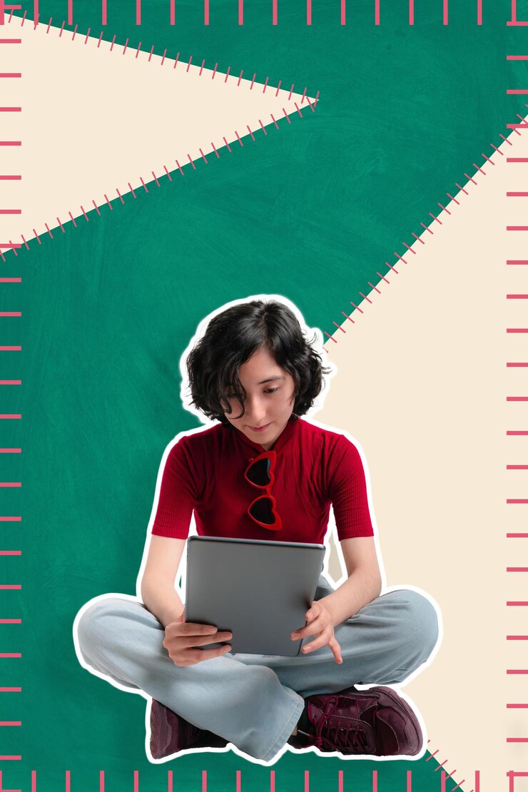 PSD young girl is sitting holding a tablet ideal for social media banner copy space