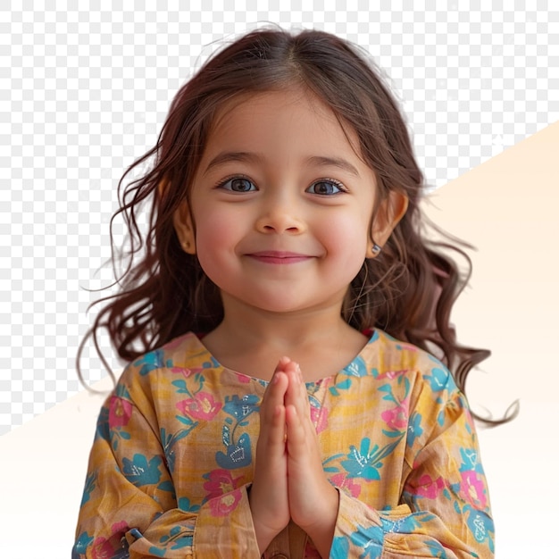 a young girl is smiling and wearing a yellow and blue top that says quot i am a god quot