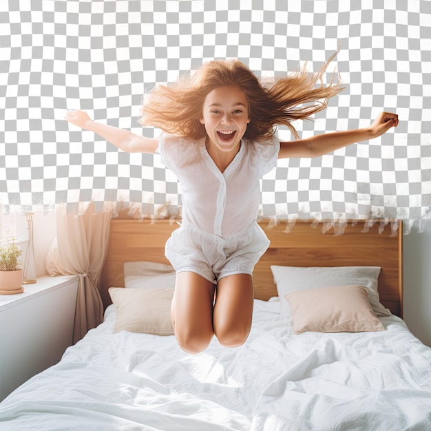 Young girl jumping with joy on transparent bed