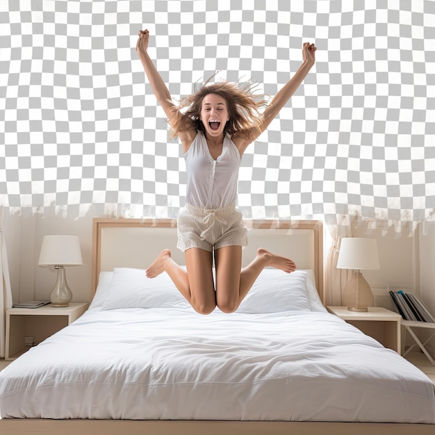 Young girl jumping with joy on transparent bed