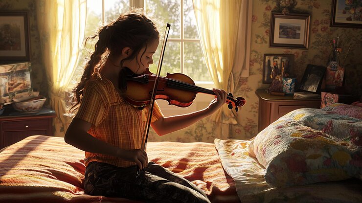 PSD young girl playing violin on a bed in a sunlit bedroom