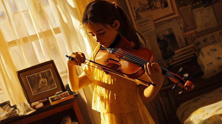 PSD young girl playing violin in sunlit room