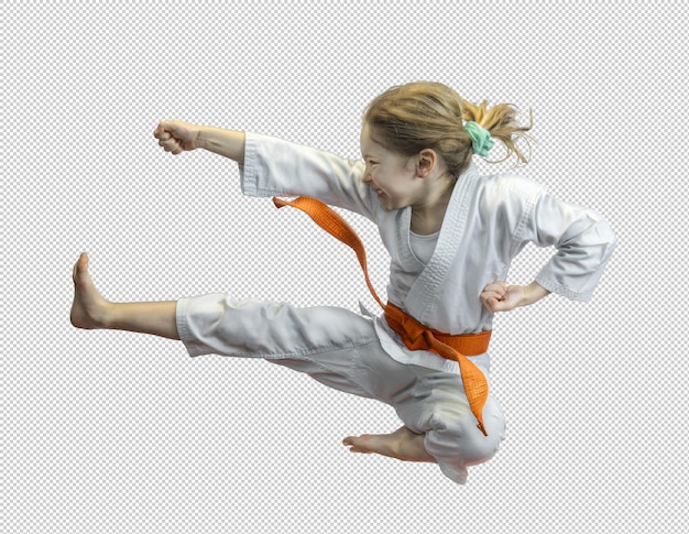 PSD young girl practicing karate kick