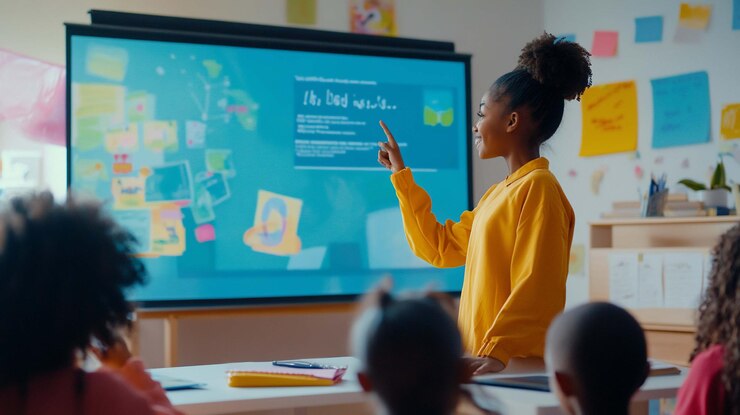 PSD young girl presenting to class at interactive whiteboard