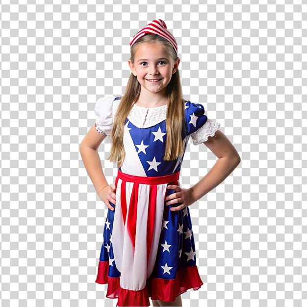 PSD a young girl proudly wearing an american flag costume isolated on transparent background