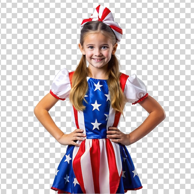 PSD una giovane ragazza che indossa con orgoglio un costume di bandiera americana isolato su uno sfondo trasparente