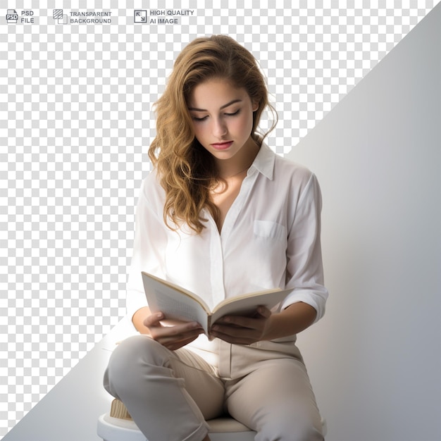 PSD young girl reading book college student studying isolate transparent background