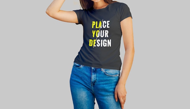 PSD young girl realistic new tshirt mockup