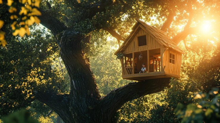 PSD a young girl sits in a wooden treehouse bathed in the warm glow of the setting sun