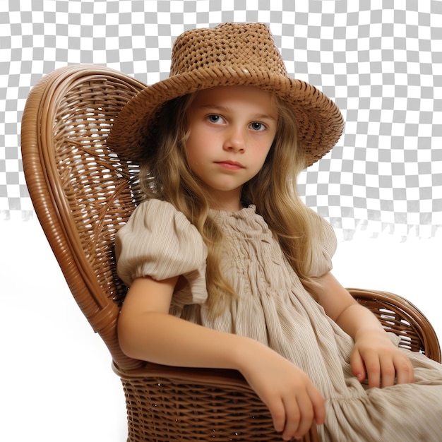 A young girl sitting in a wicker chair isolated against a transparent background