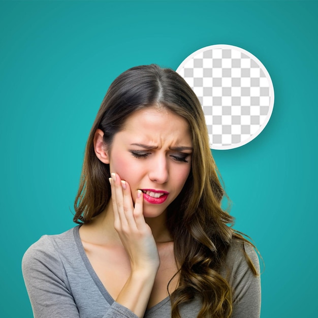 PSD young girl in tshirt skirt suffering from toothache and looking restless front view