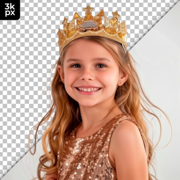 PSD a young girl wearing a gold crown isolated on transparent background