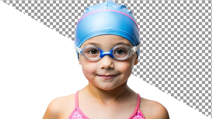 Young Girl Wearing Swimming Goggles and Cap