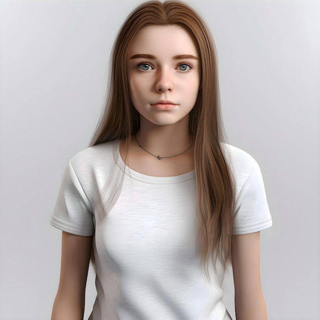 PSD young girl in a white t shirt on a gray background